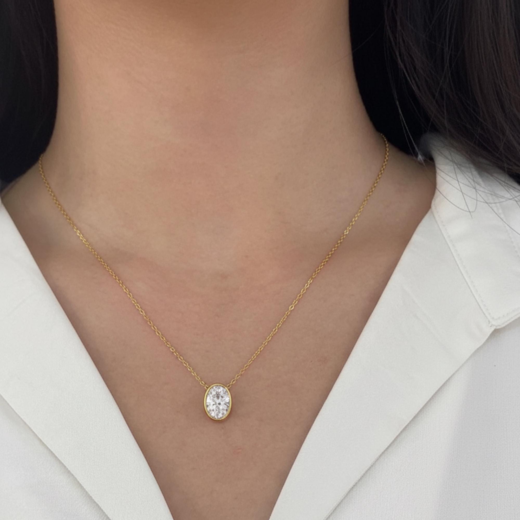 Oval Lab Diamond Bezel Pendant Necklace