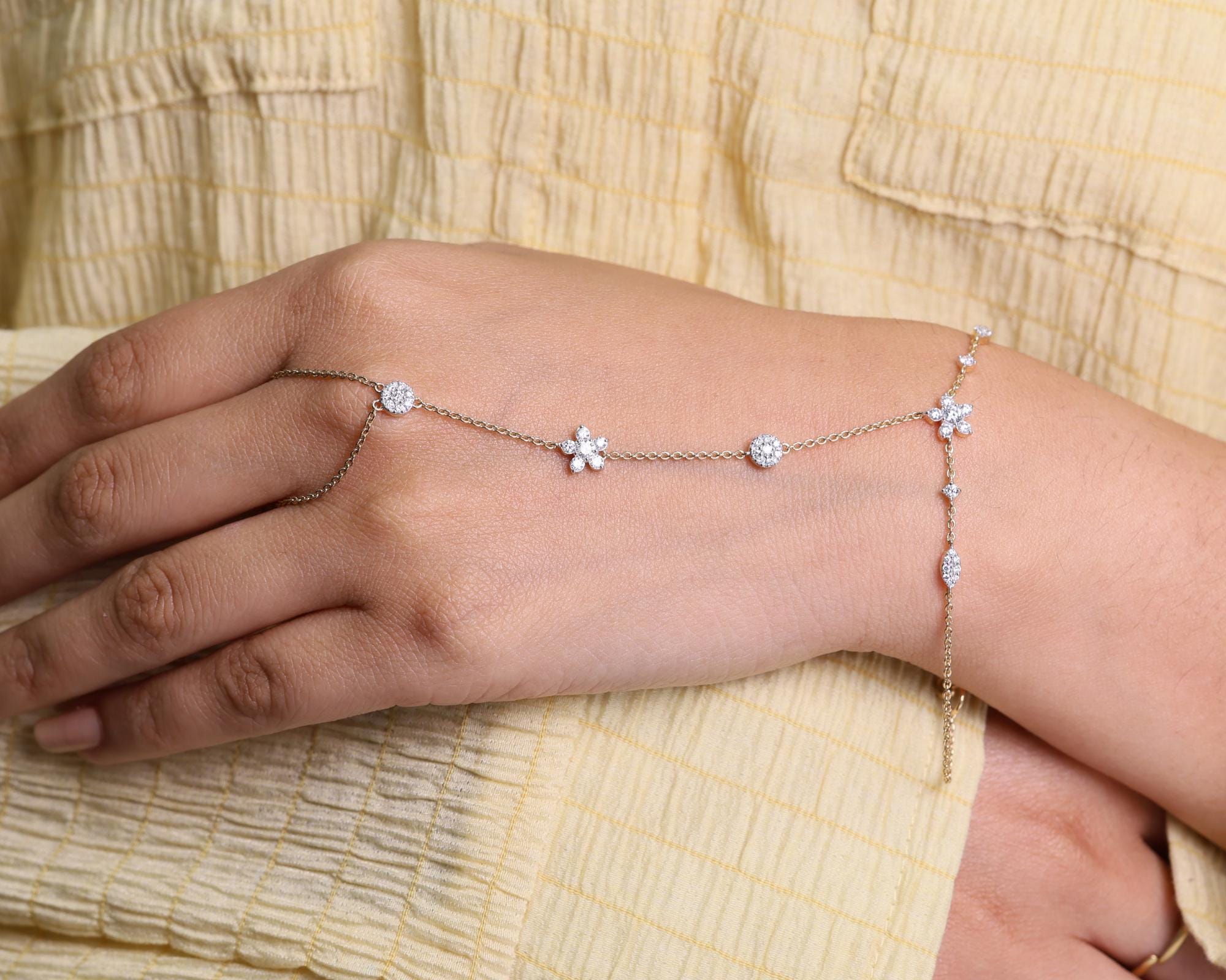 Diamond Hand Chain Bracelet Ring, 18K Gold