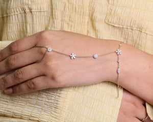 Diamond Hand Chain Bracelet Ring, 18K Gold