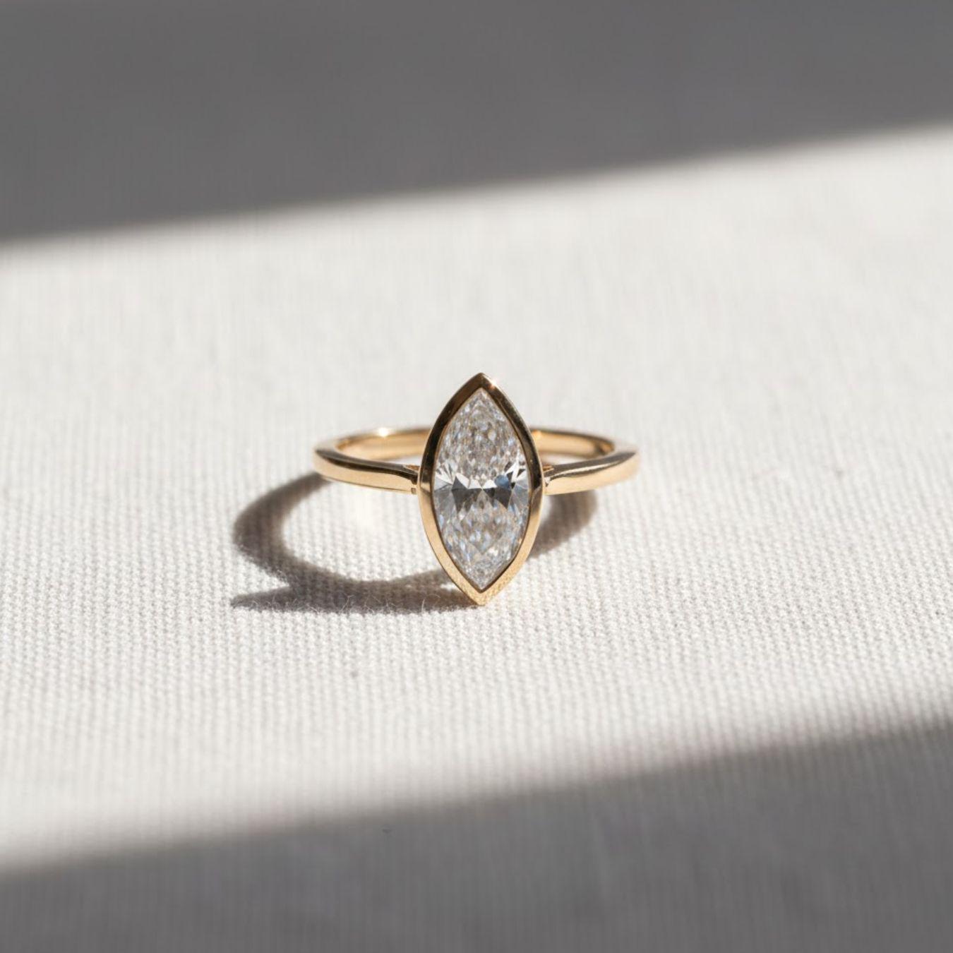 Marquise Lab Diamond Engagement Ring, Bezel Set, 14K Gold