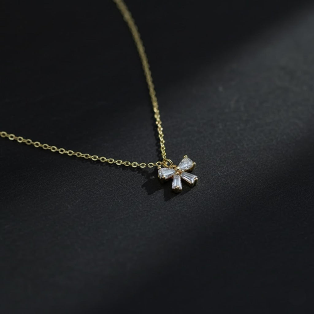 Diamond Bow Necklace, 14K Gold Dainty Ribbon Necklace, Minimalist Sparkly Bow Necklace, Best Friend Gift, Bridesmaid Gift, Birthday Gift