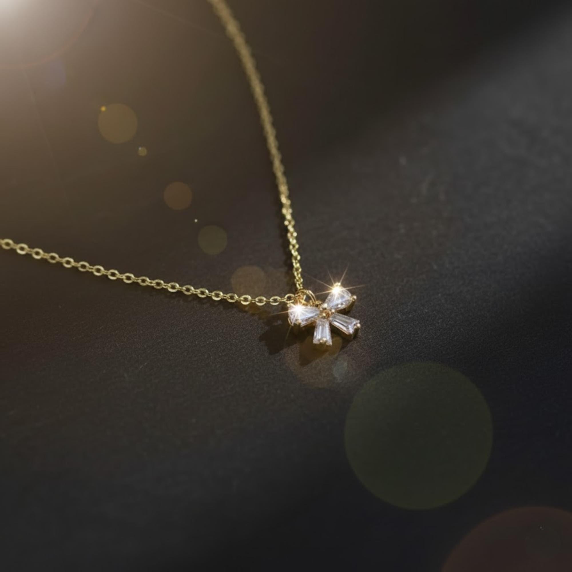 14K Gold Diamond Bow Ribbon Necklace