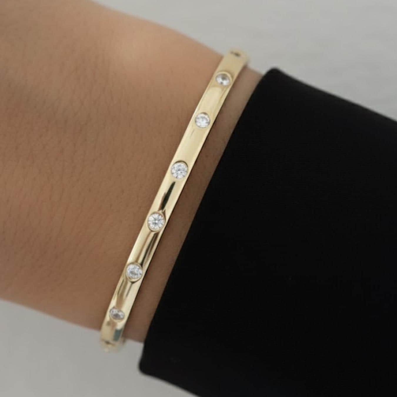 14K Round Diamond Cuff Bangle Bracelet