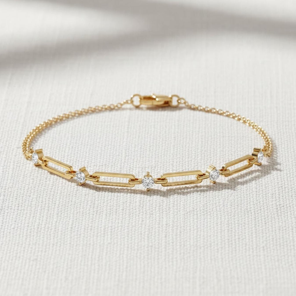 Paperclip Diamond Station Bracelet, Gold Chain Link Bracelet, Lab Create Diamond Accents, Minimalist Design, Subtle Elegance, Selene