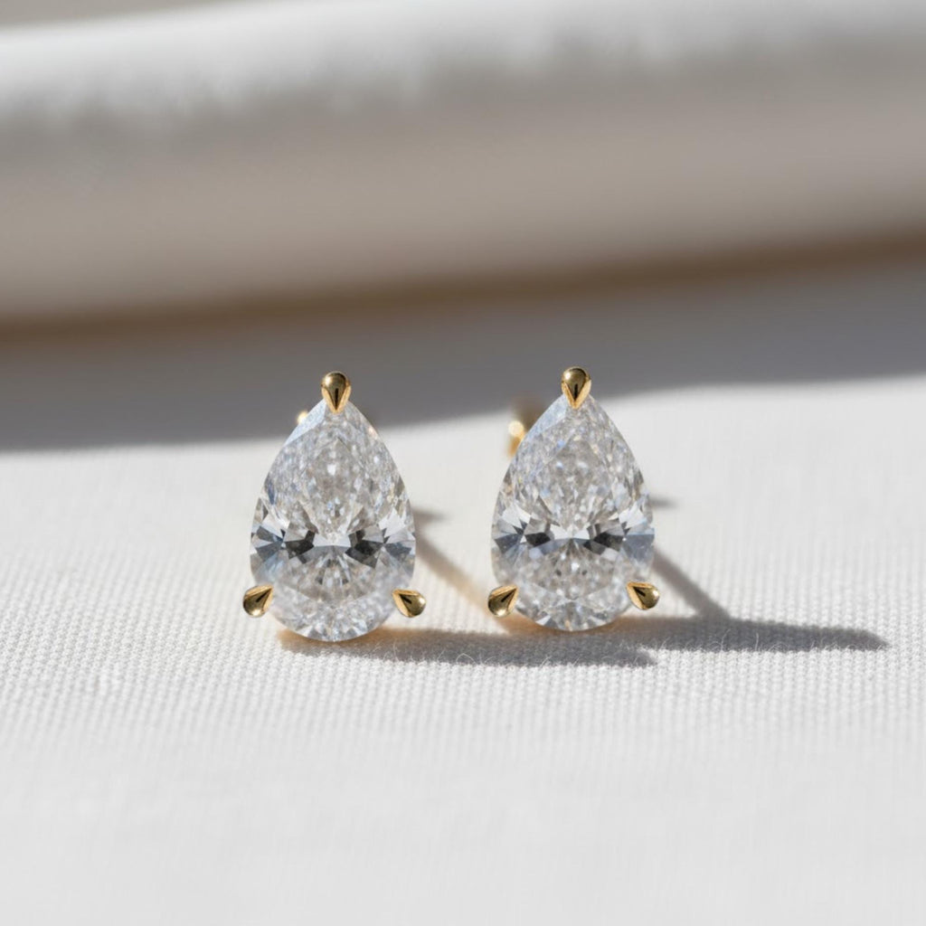 1 CT Pear Lab Grown Diamond Stud Earrings: 14k White Gold 3-Prong