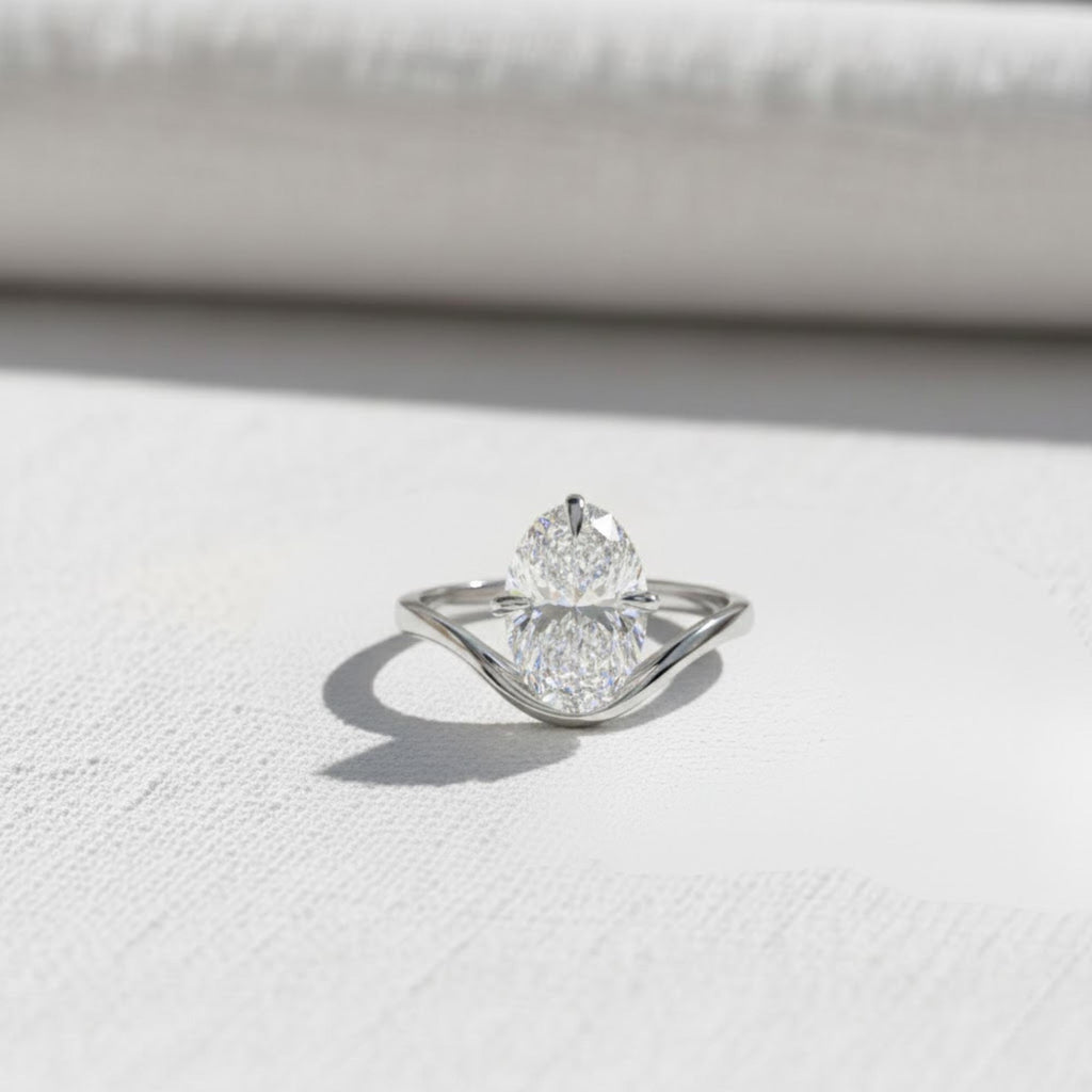 2 Carat Oval Lab Grown Diamond F VS1 Curved Solitaire Ring / 2ct Oval Unique Engagement Ring / 14k Gold Nesting Diamond Proposal Ring