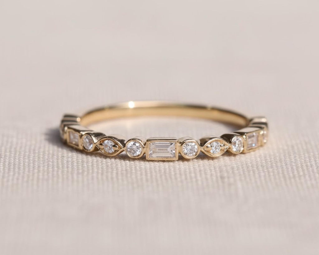 Diamond Wedding Band, 14k Gold 0.17 ctw Emerald & Round Cut Bezel Set Half Eternity Lab Grown Diamond Anniversary Ring, Bridal Ring