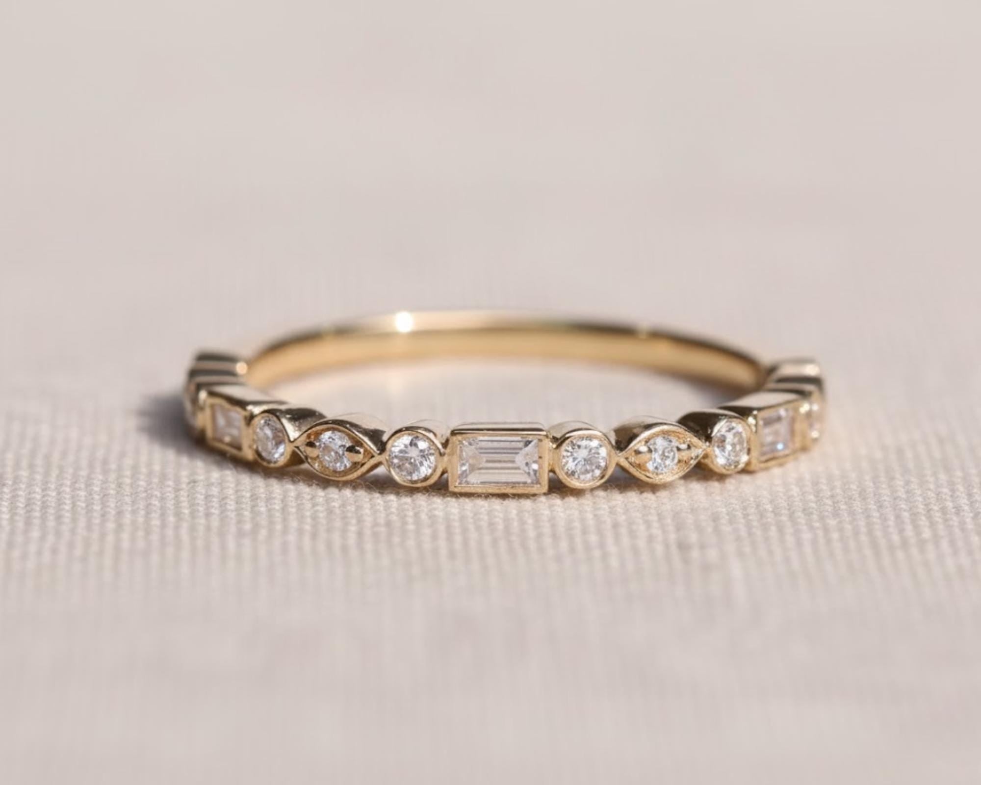 Emerald & Round Lab Diamond Wedding Band, 14K Gold