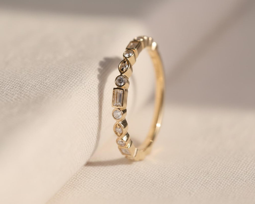 Diamond Wedding Band, 14k Gold 0.17 ctw Emerald & Round Cut Bezel Set Half Eternity Lab Grown Diamond Anniversary Ring, Bridal Ring