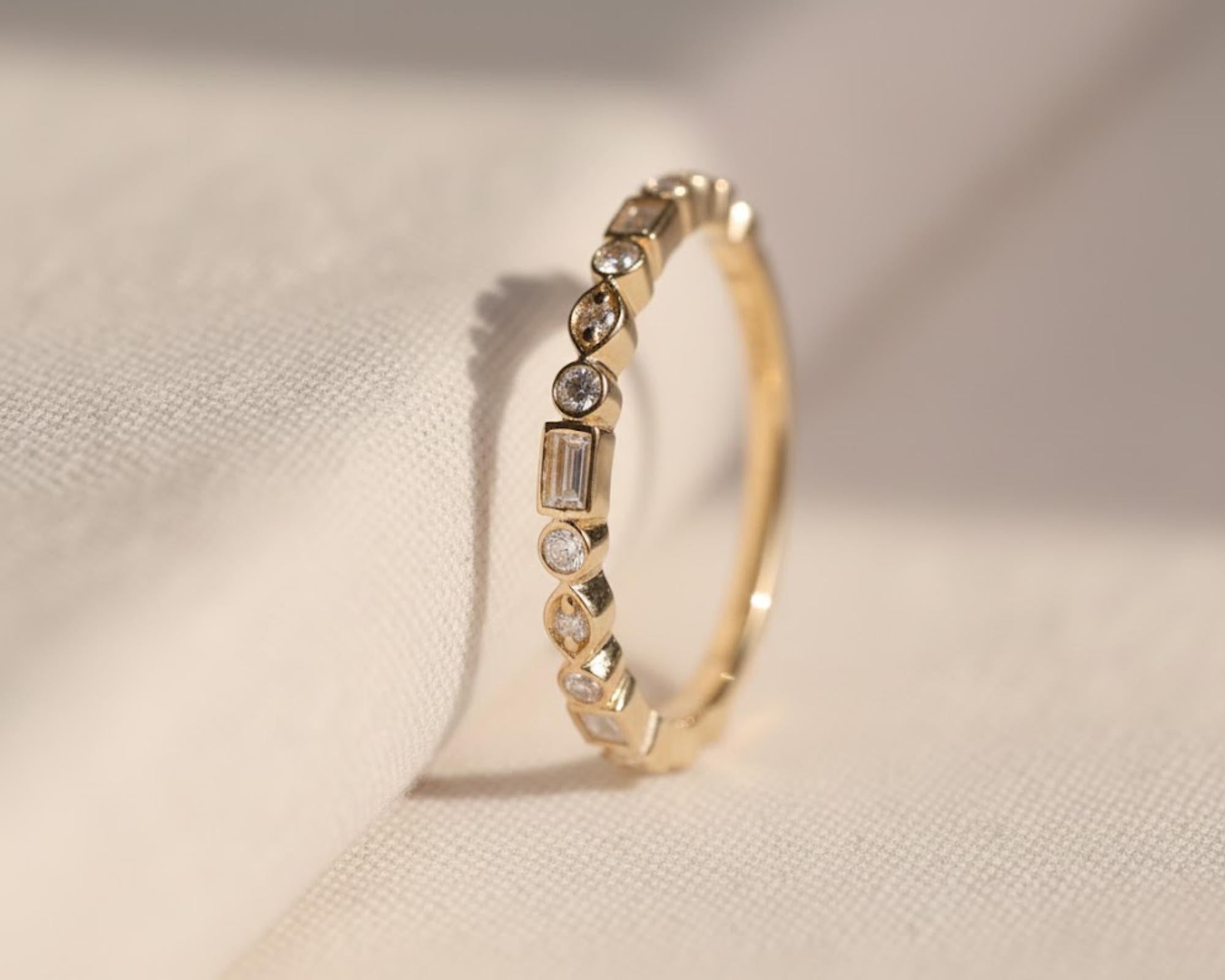 Emerald & Round Lab Diamond Wedding Band, 14K Gold