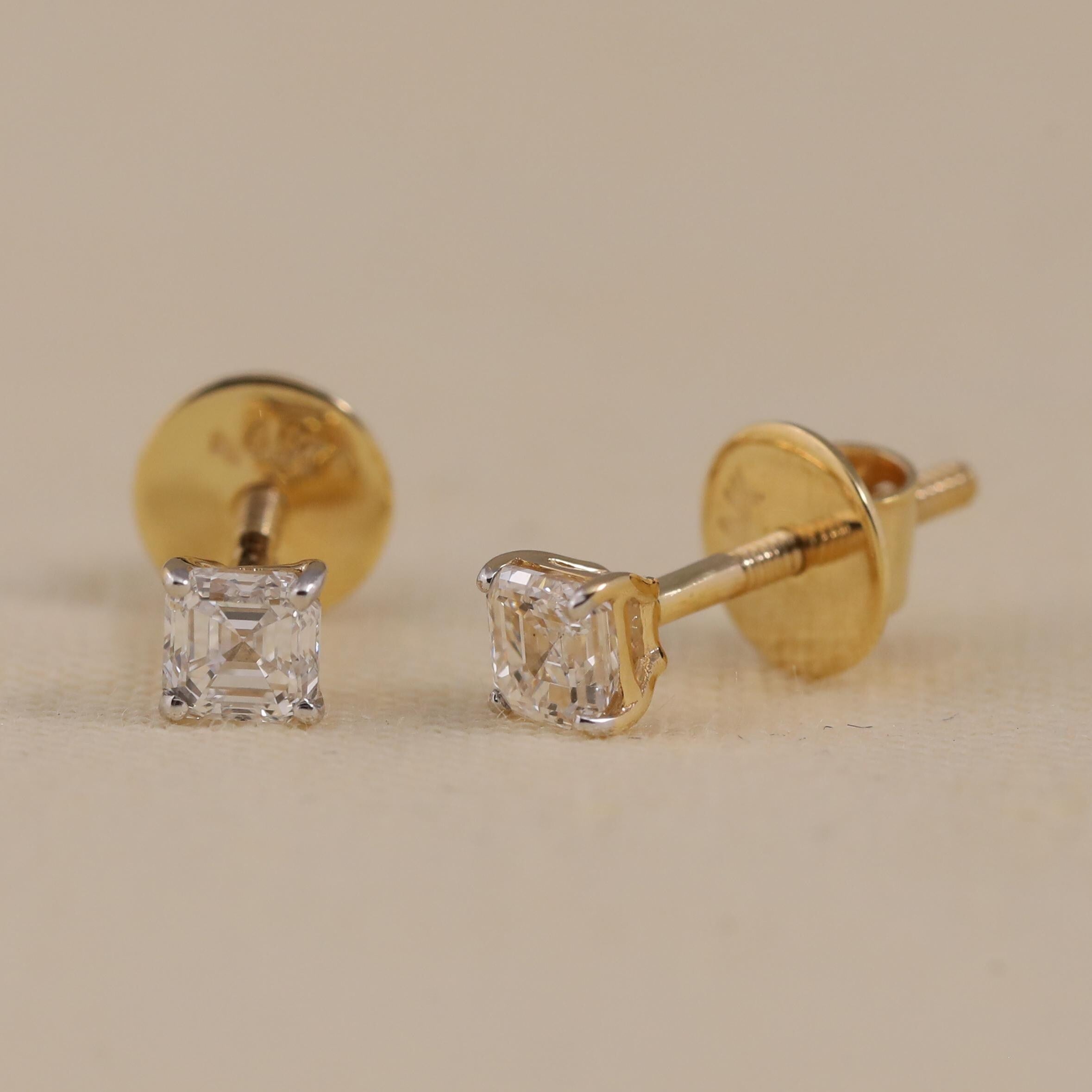 Asscher Cut Diamond Earrings in 14K Gold