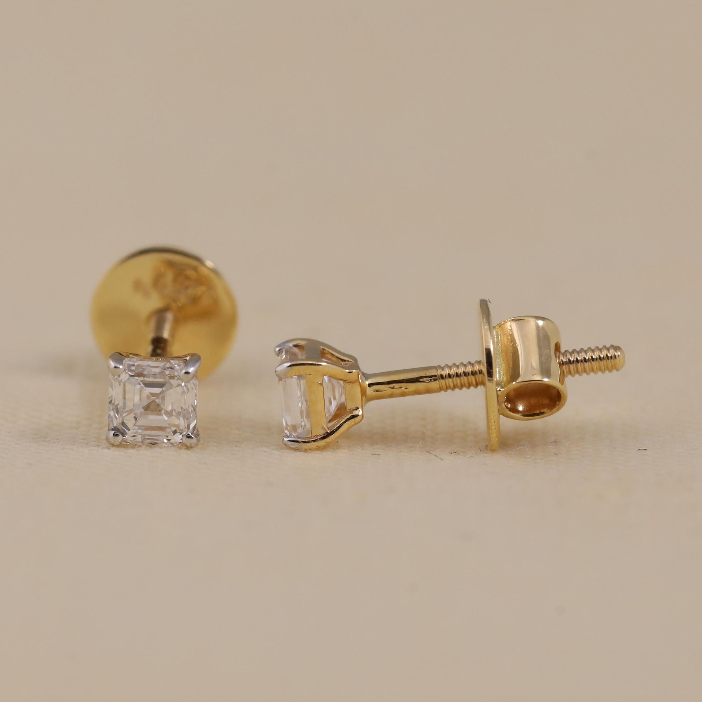 Asscher Cut Diamond Earrings in 14K Gold