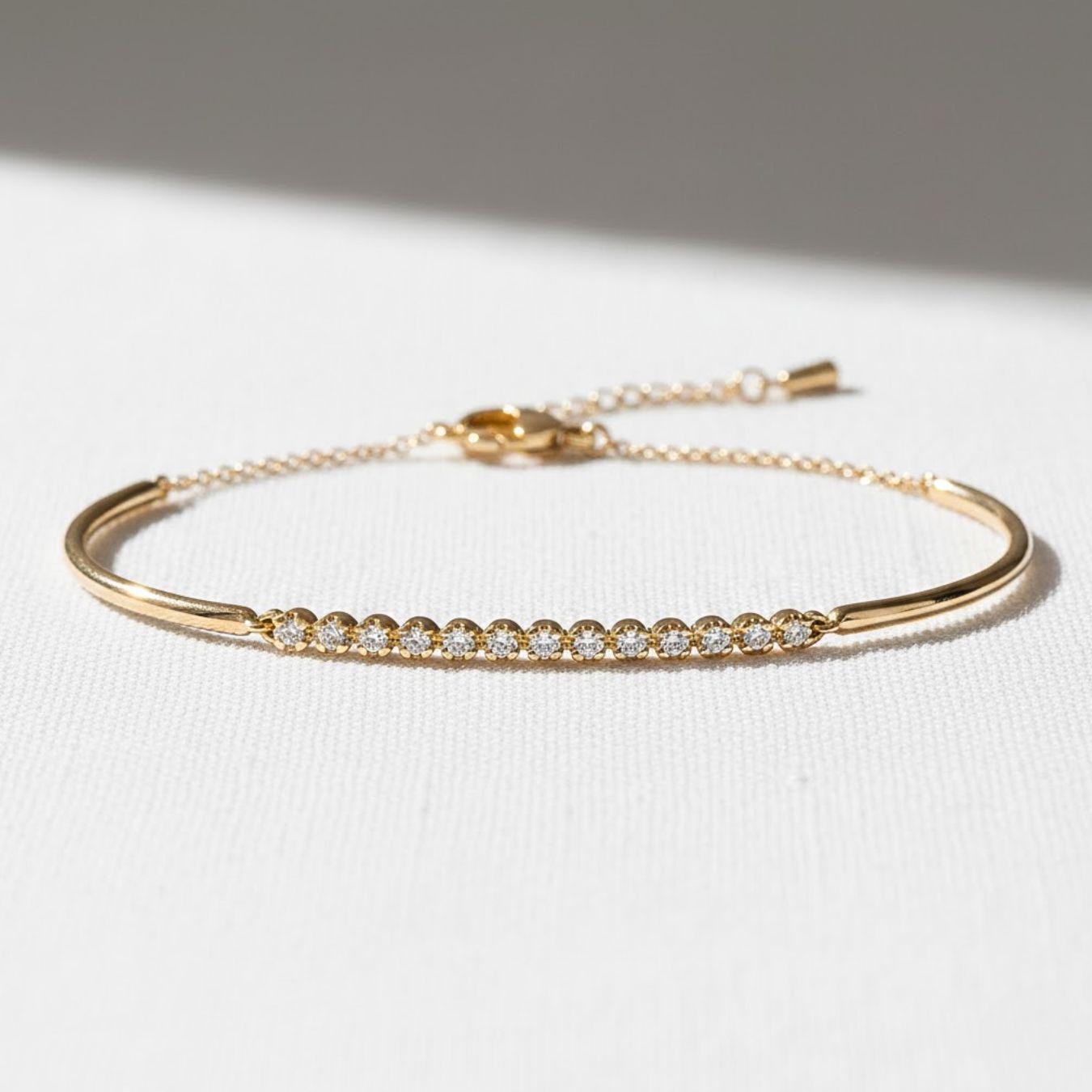 Diamond Bar Bangle 14K Solid Gold Minimalist Bracelet