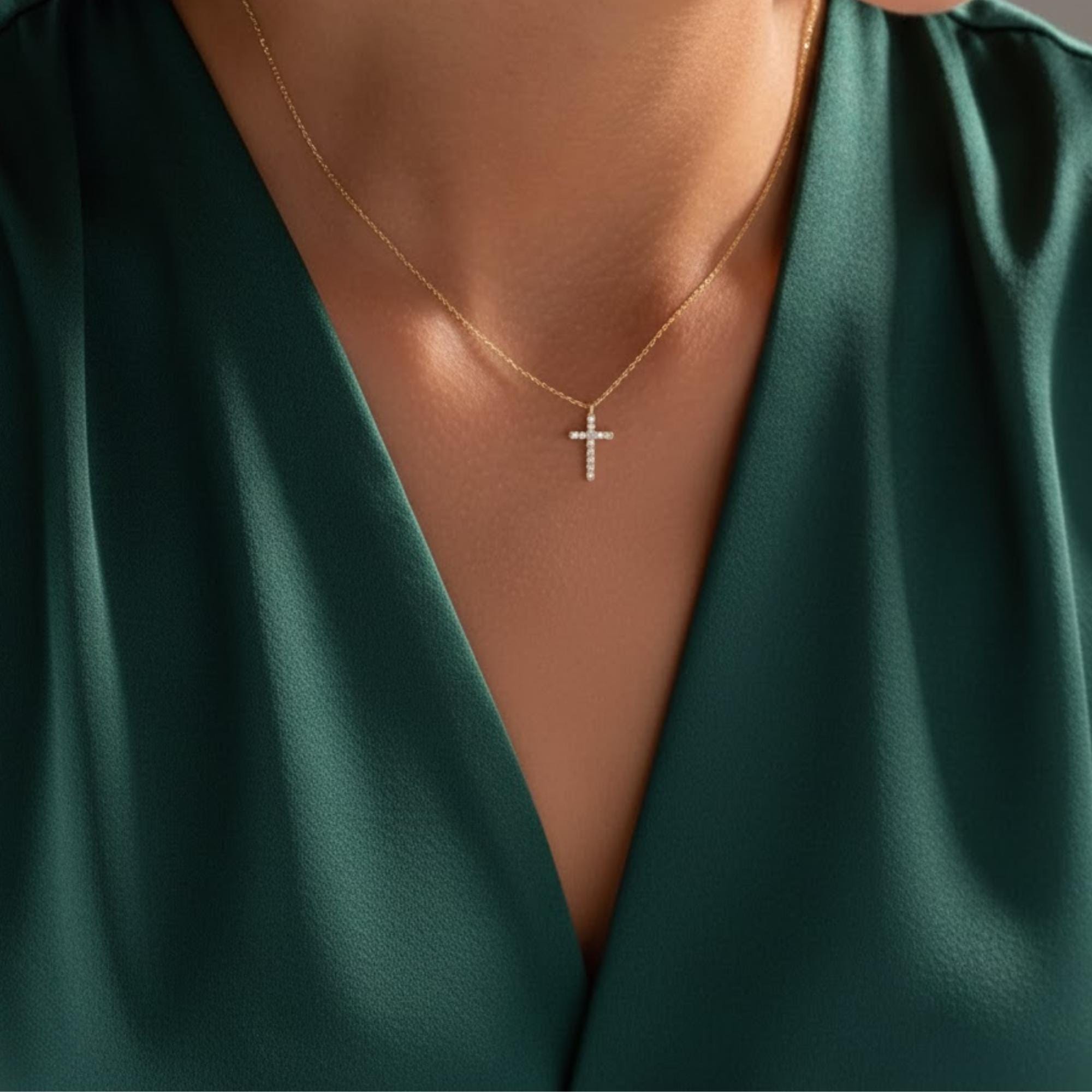 14K Solid Gold Lab Diamond Cross Necklace