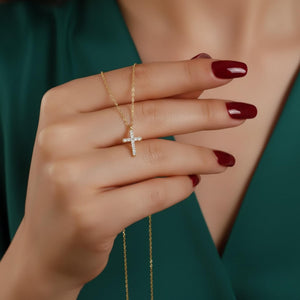 14K Solid Gold Lab Diamond Cross Necklace