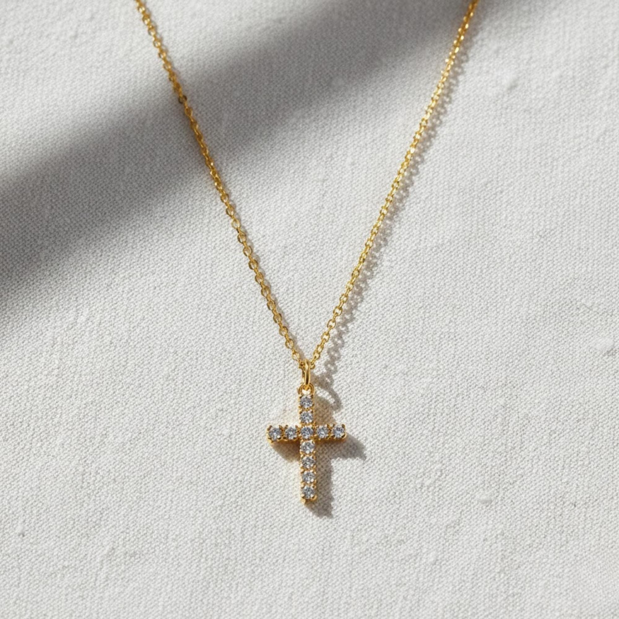 14K Solid Gold Lab Diamond Cross Necklace