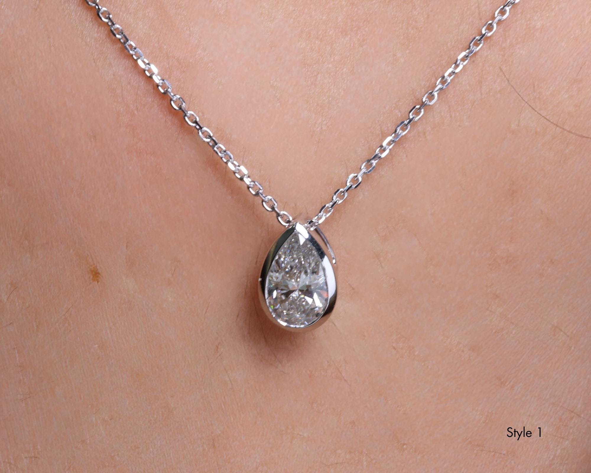 Pear Cut Lab Diamond Solitaire Bezel Pendant, 14K Gold