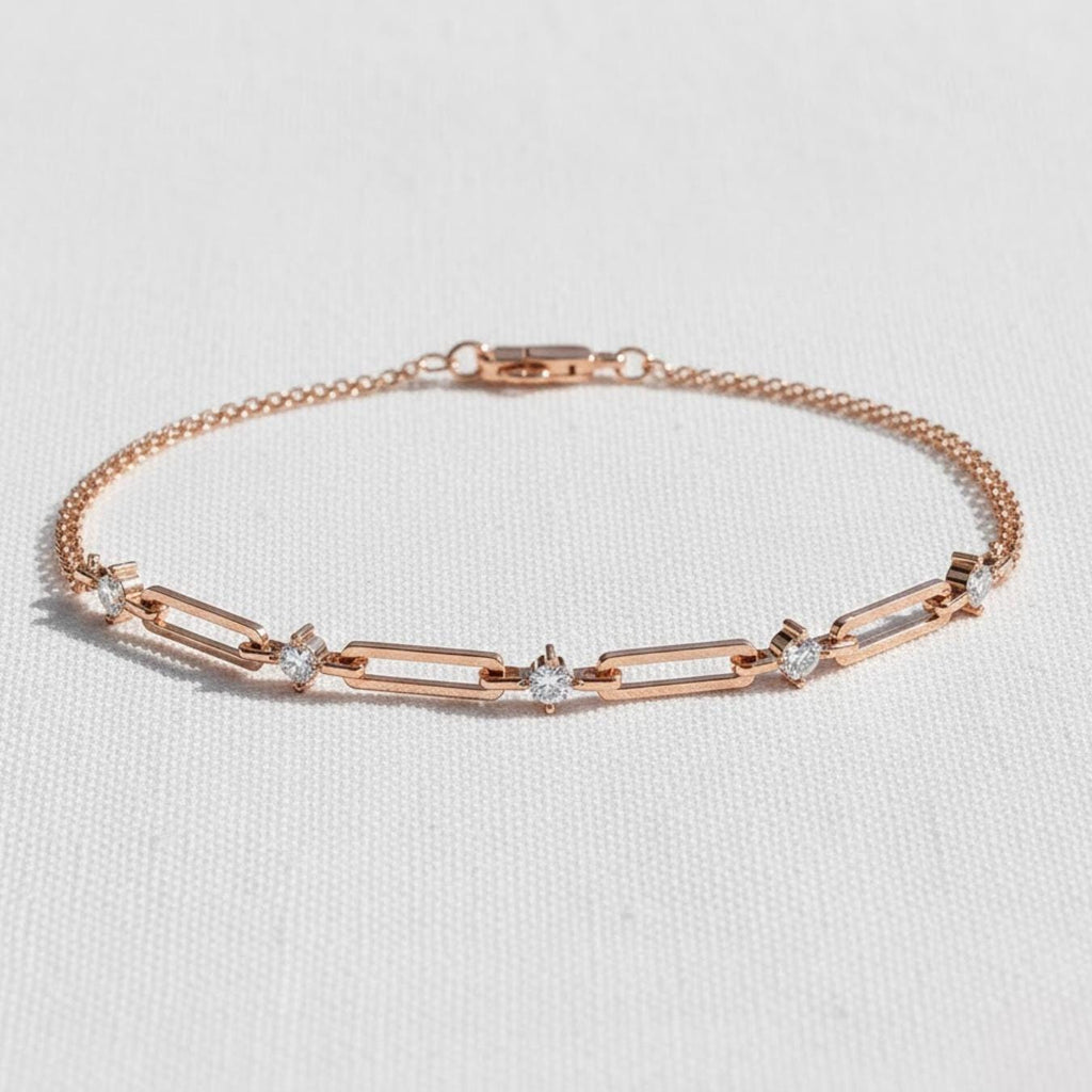Paperclip Diamond Station Bracelet, Gold Chain Link Bracelet, Lab Create Diamond Accents, Minimalist Design, Subtle Elegance, Selene
