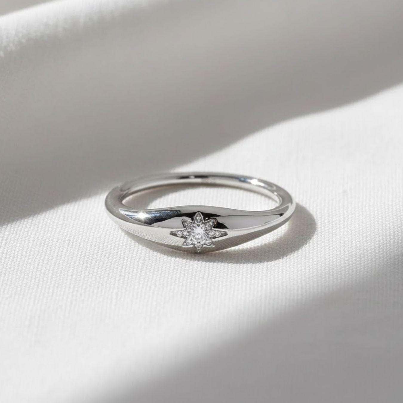 14K Solid Gold Polaris Star Signet Ring Lab Diamond Slim Pinky Ring