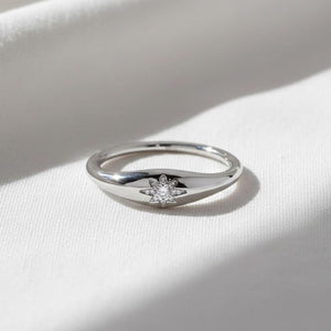 14K Solid Gold Polaris Star Signet Ring Lab Diamond Slim Pinky Ring