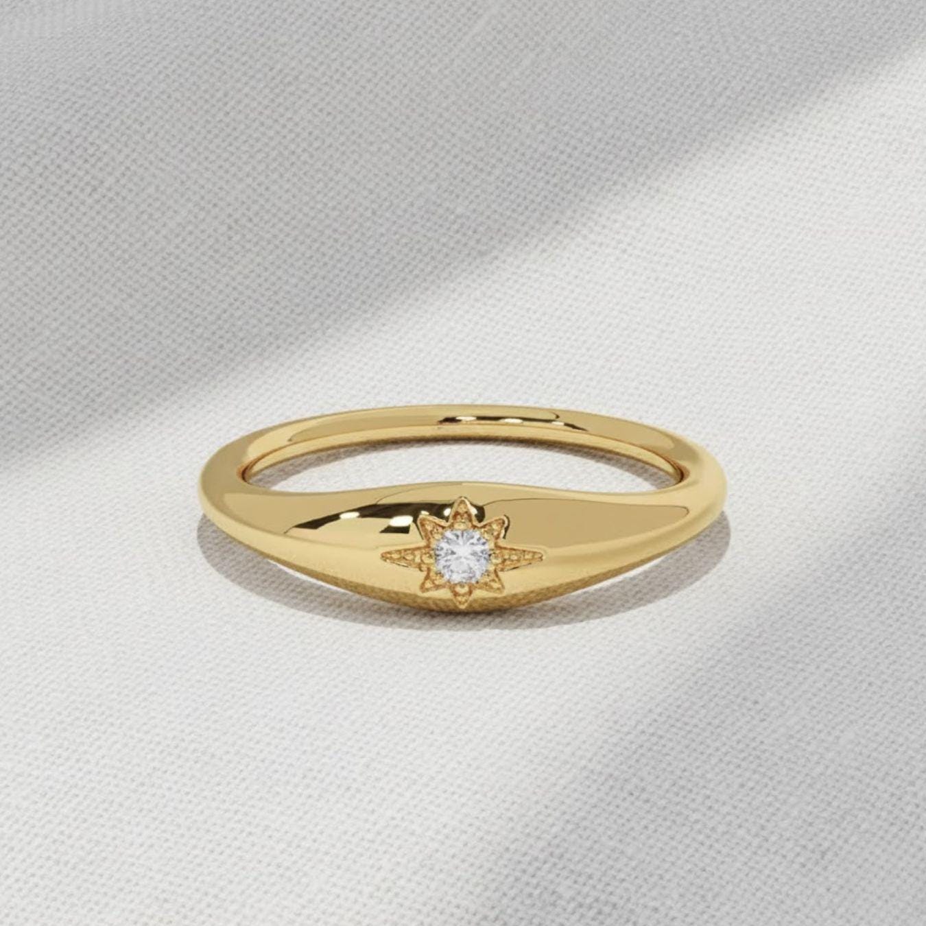 14K Solid Gold Polaris Star Signet Ring Lab Diamond Slim Pinky Ring