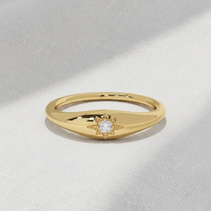 14K Solid Gold Polaris Star Signet Ring Lab Diamond Slim Pinky Ring