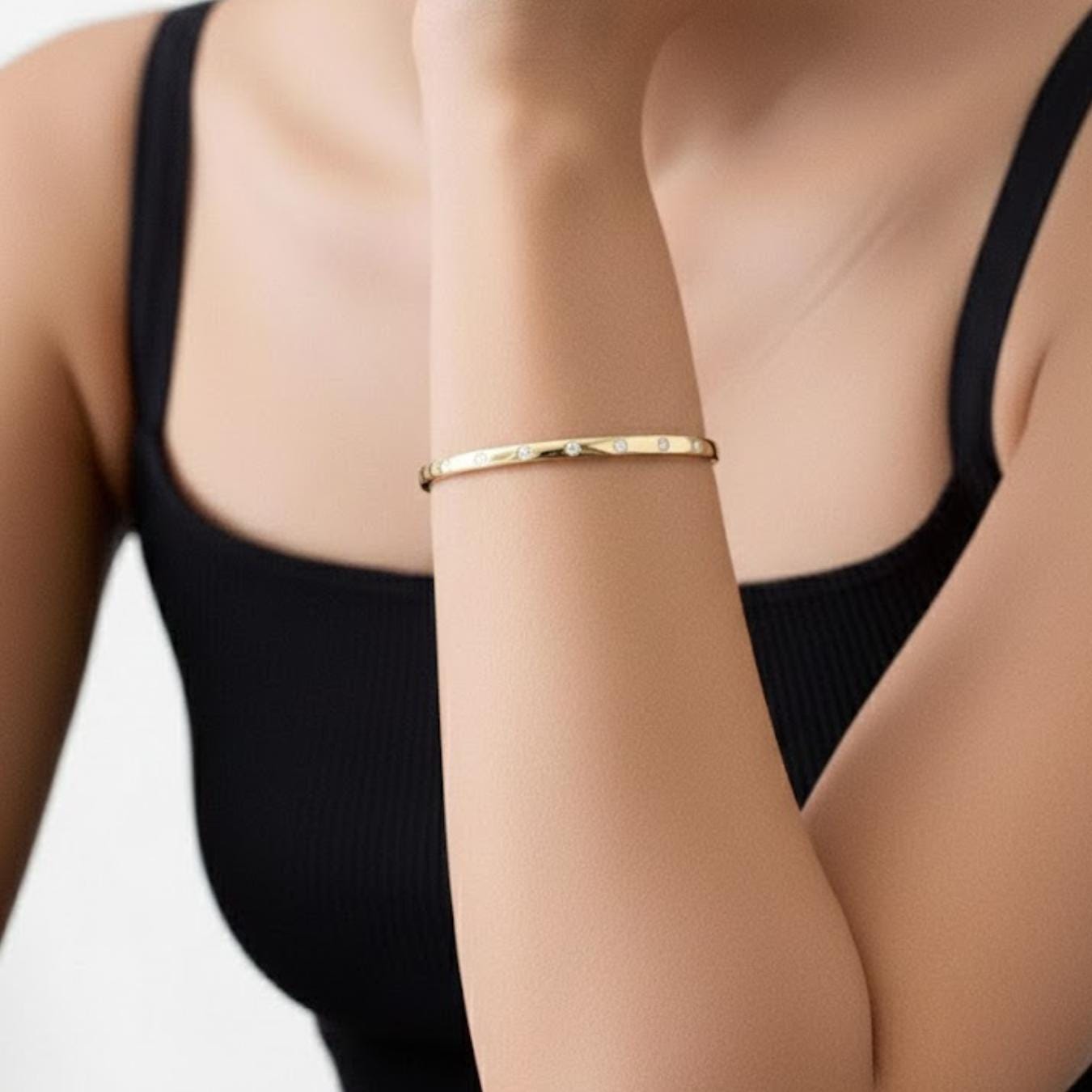 14K Round Diamond Cuff Bangle Bracelet