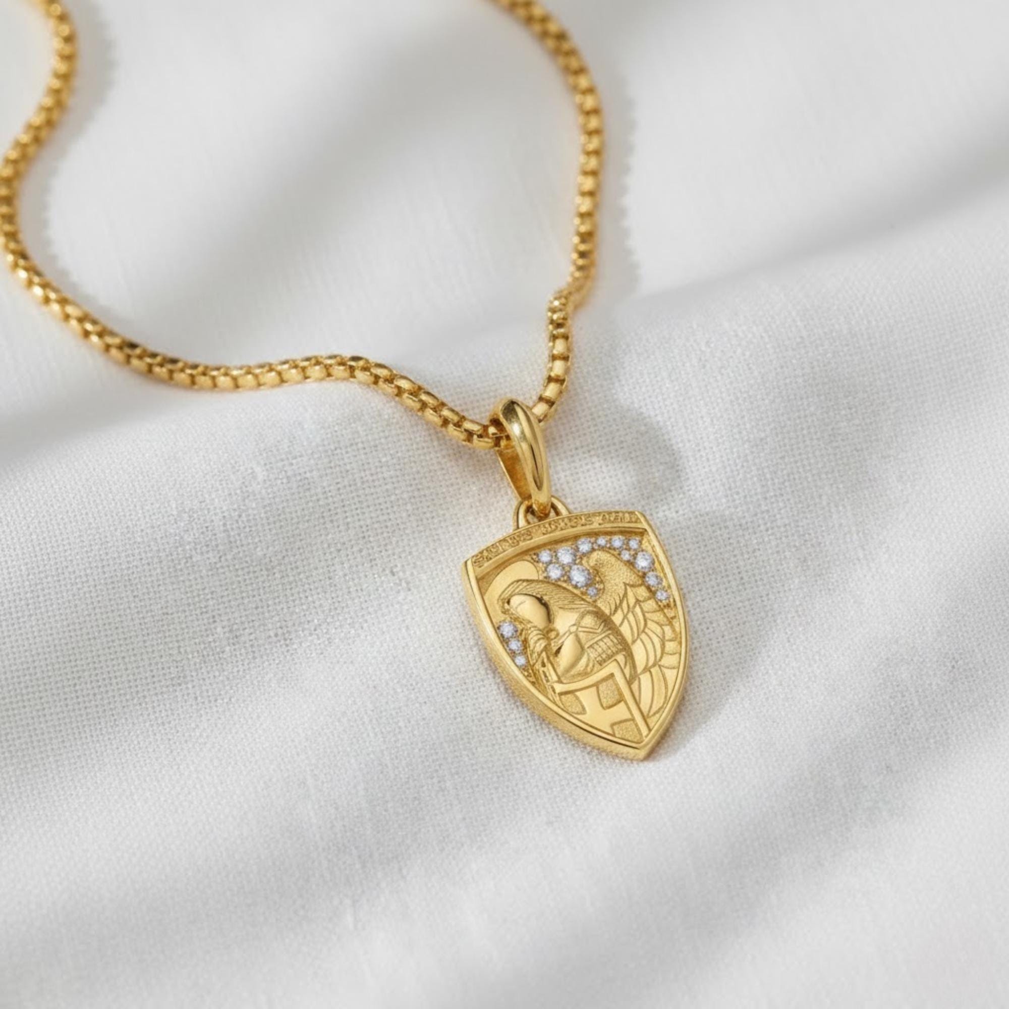 St Michael Catholic Diamond Necklace, 14K Gold