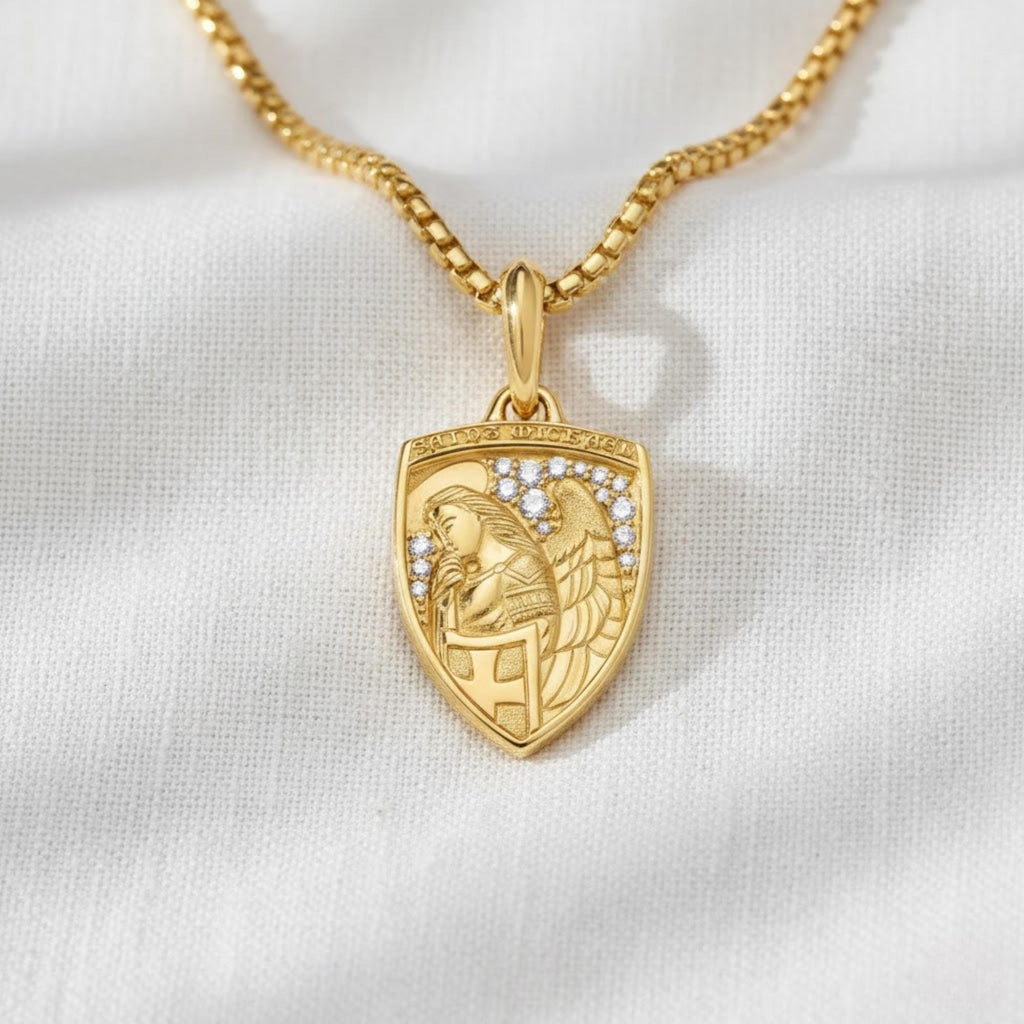 14K Gold St Michael Medallion Necklace with Lab Grown Diamonds,Catholic Pendant, Religious Gift for Men, Shield Jewelry, Protective Necklace