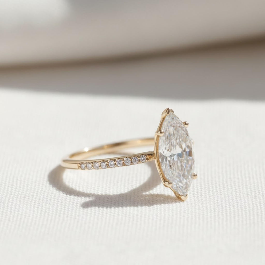 Romantic & Elegant 2.5 Carat Marquise Cut Diamond Ring / 14k Rose Gold Engagement Ring / Pavé Side Stones Band / Hidden Halo Lab Grown Ring