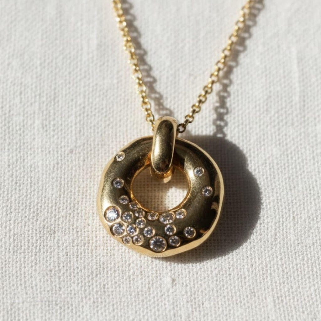 14k Gold Diamond Circle Necklace: Floating Pendant, Circle of Life, Donut Necklace