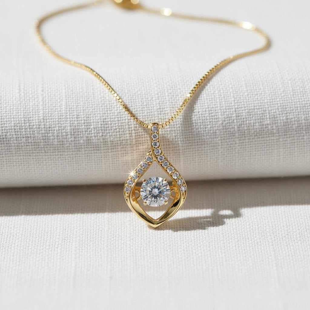 14k Solid Gold Dancing Diamond Necklace, Lab Grown Moving Diamond Pendant, Floating Diamond Charm, Real White Gold Fine Jewelry For Mom