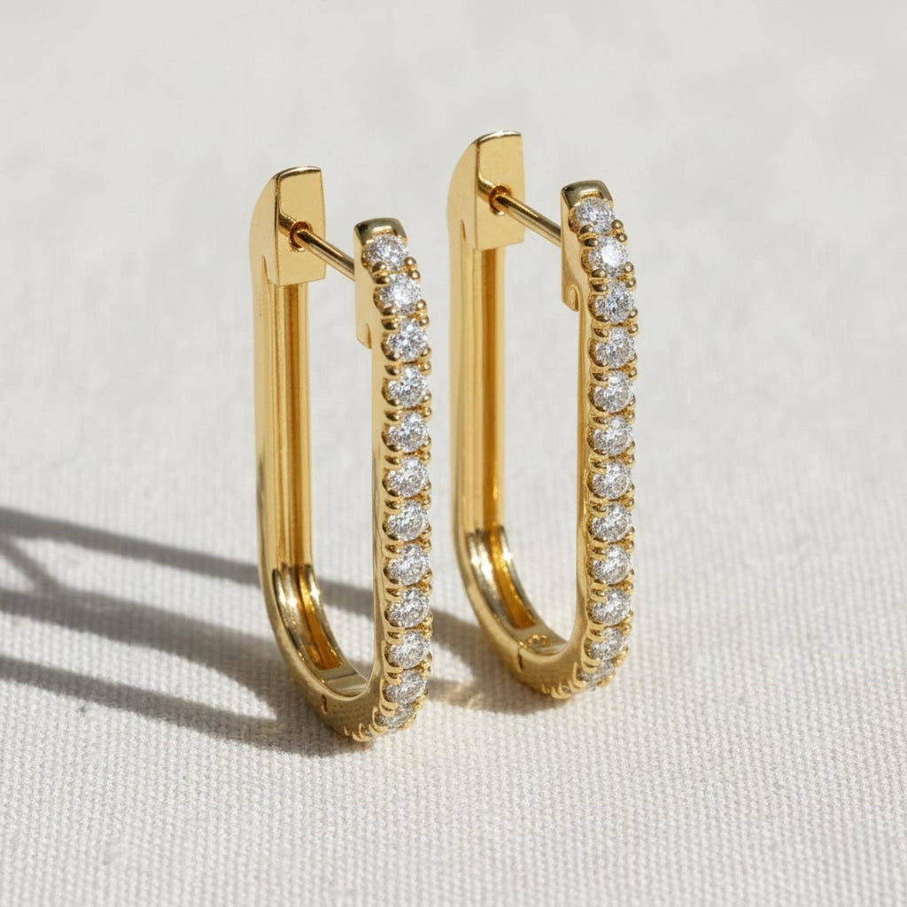 14K Gold and Diamond Huggies, U-Shape Diamond Hoop, Dainty Micro Pave Hoop, Trendy Diamond Huggies, Solid Gold Diamond Huggies