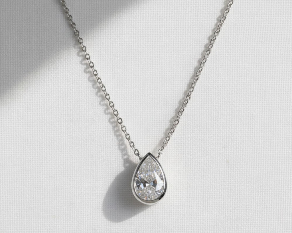 Pear Lab Diamond Pendant Necklace, Teardrop Solitaire Pendant Necklace, Bezel Set Pendant Necklace, Minimalist Birthday Gift For Her