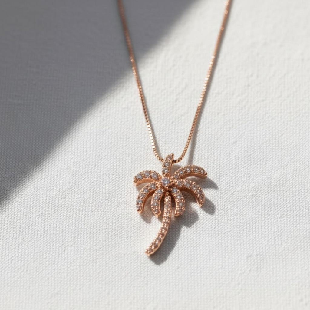 Diamond Palm Tree Pendant Necklace, 14k Solid Gold Necklace, Ladies Dainty Necklace, Pave Diamond Pendant, Gift for Mother, Wife, Daughter