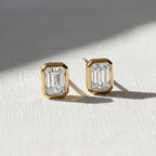 Dazzling 1 TCW Emerald Cut Diamond Stud Earrings, Bezel Set Solitaire Diamond Earrings, 14K Yellow Gold Screw Back Earrings, Birthday Gift