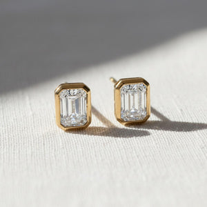 Emerald Cut Solitaire Diamond Earrings, 14K Yellow Gold