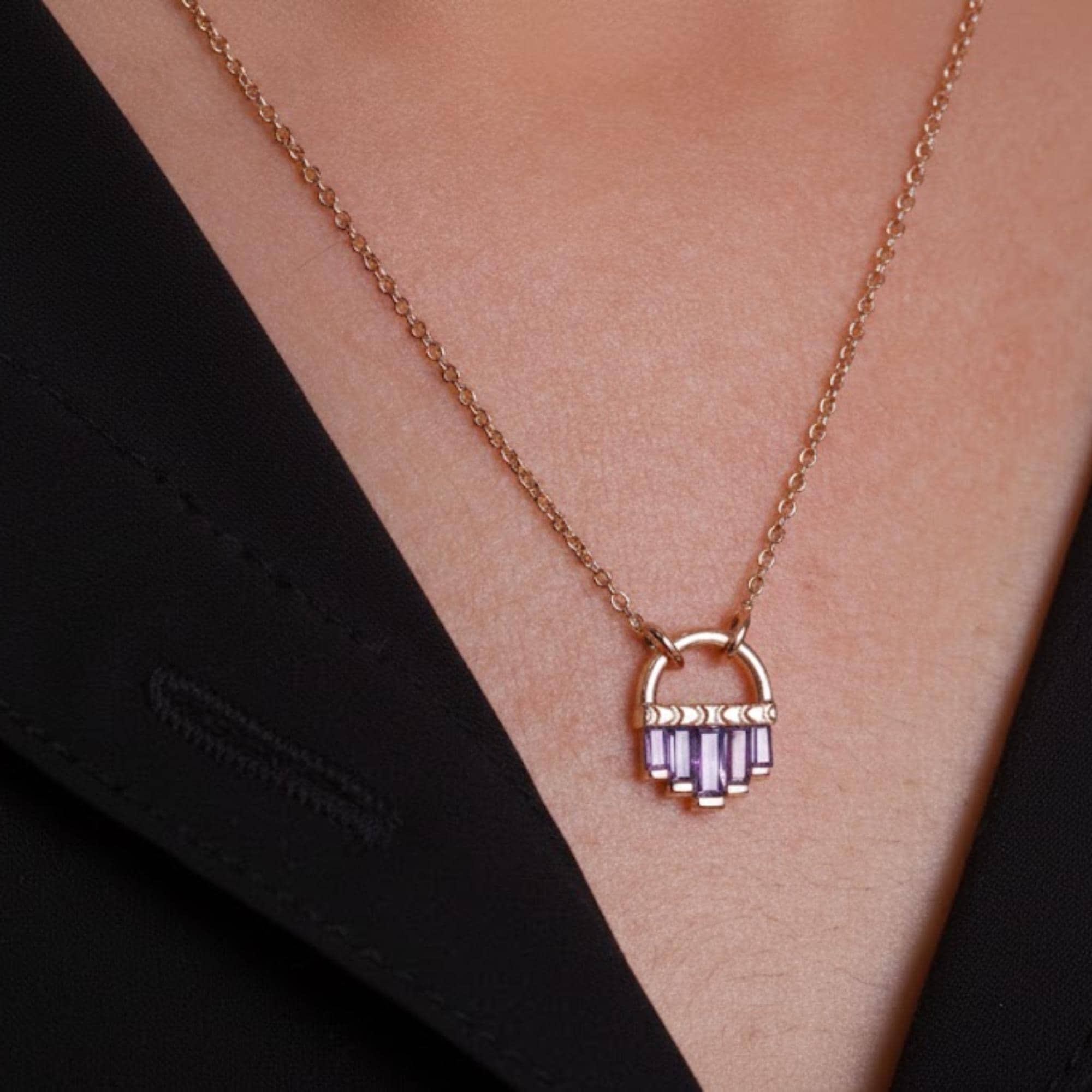 Baguette Cut Sapphire Birthstone Necklace, 14K Solid Gold