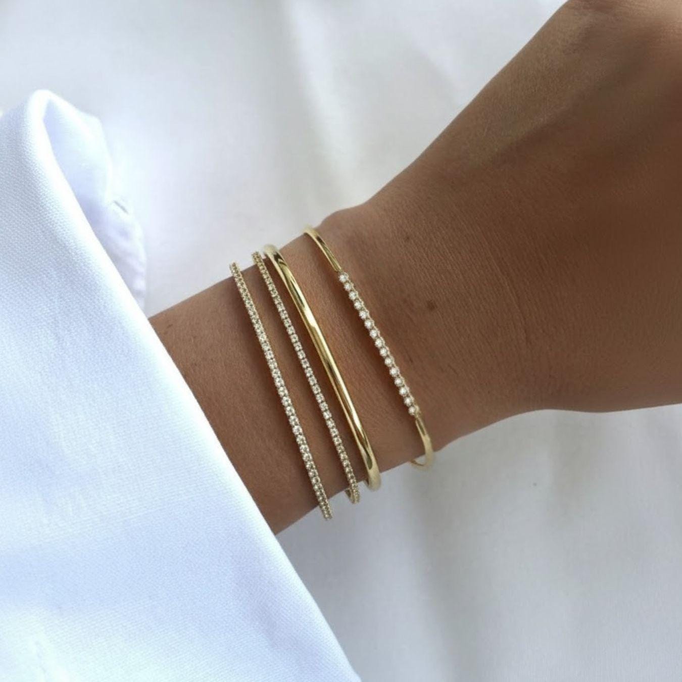 Diamond Bar Bangle 14K Solid Gold Minimalist Bracelet