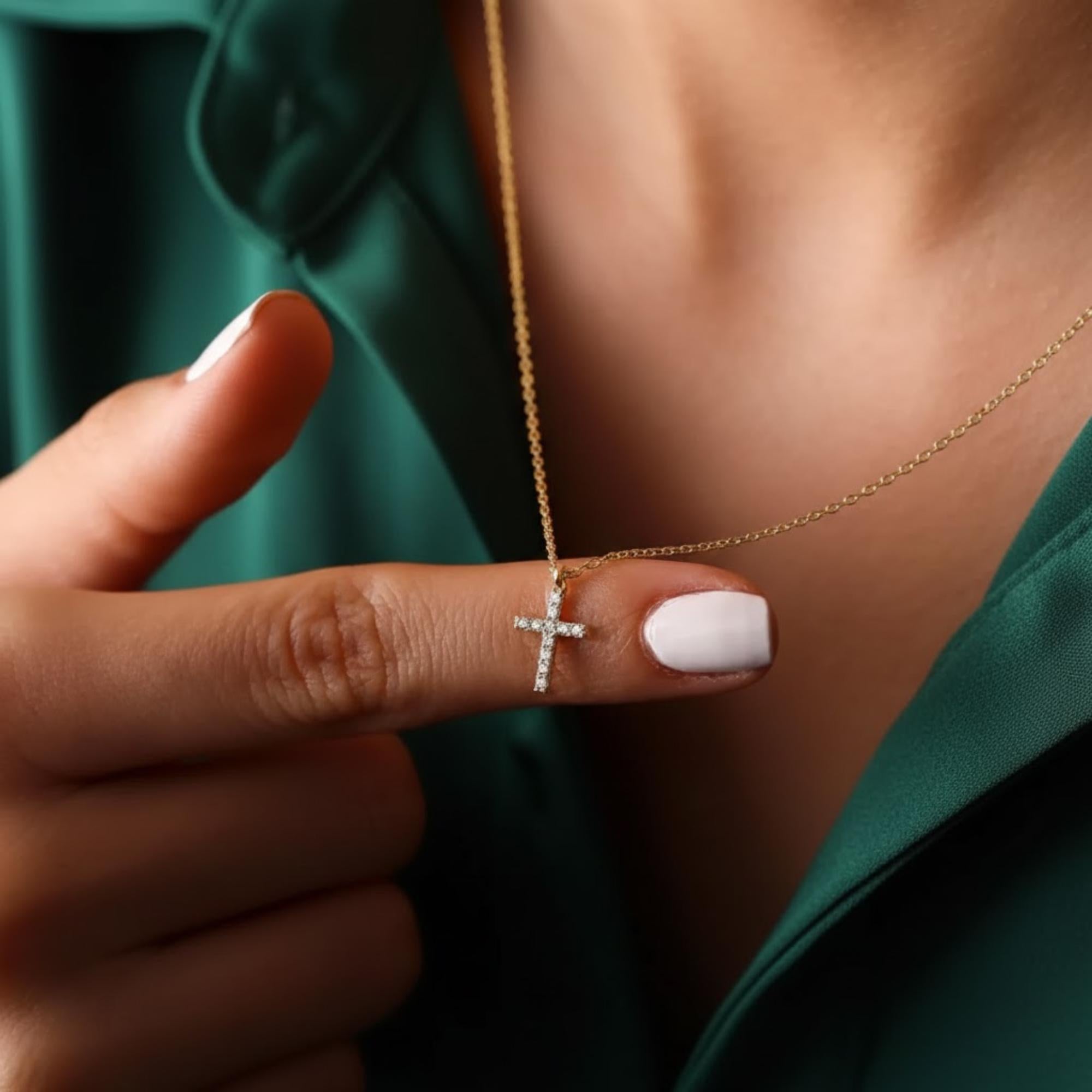 14K Solid Gold Lab Diamond Cross Necklace