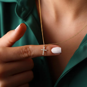 14K Solid Gold Lab Diamond Cross Necklace