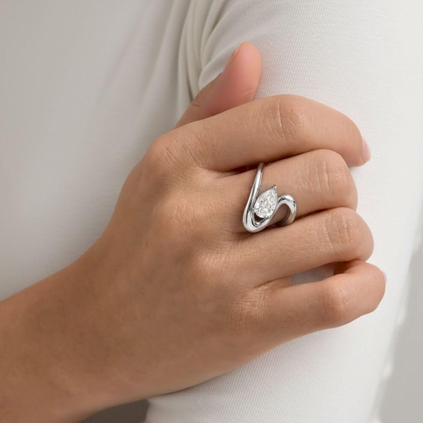 Curved Wave Pear Cut Lab Diamond Engagement Ring