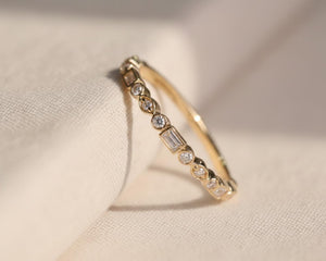 Emerald & Round Lab Diamond Wedding Band, 14K Gold