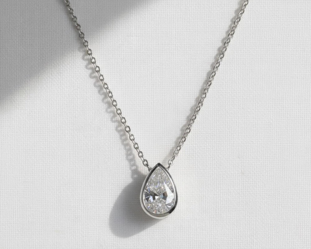 2 Carat Pear Lab Grown Diamond Necklace: 14k Yellow Gold Bezel Solitaire