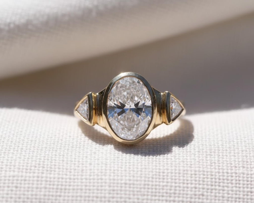 1.50 Ct Oval Three Stone Diamond Engagement Ring for Women, Bezel Set Diamonds, Certified Lab Grown Diamond, Handmade Yellow/White/Rose Gold