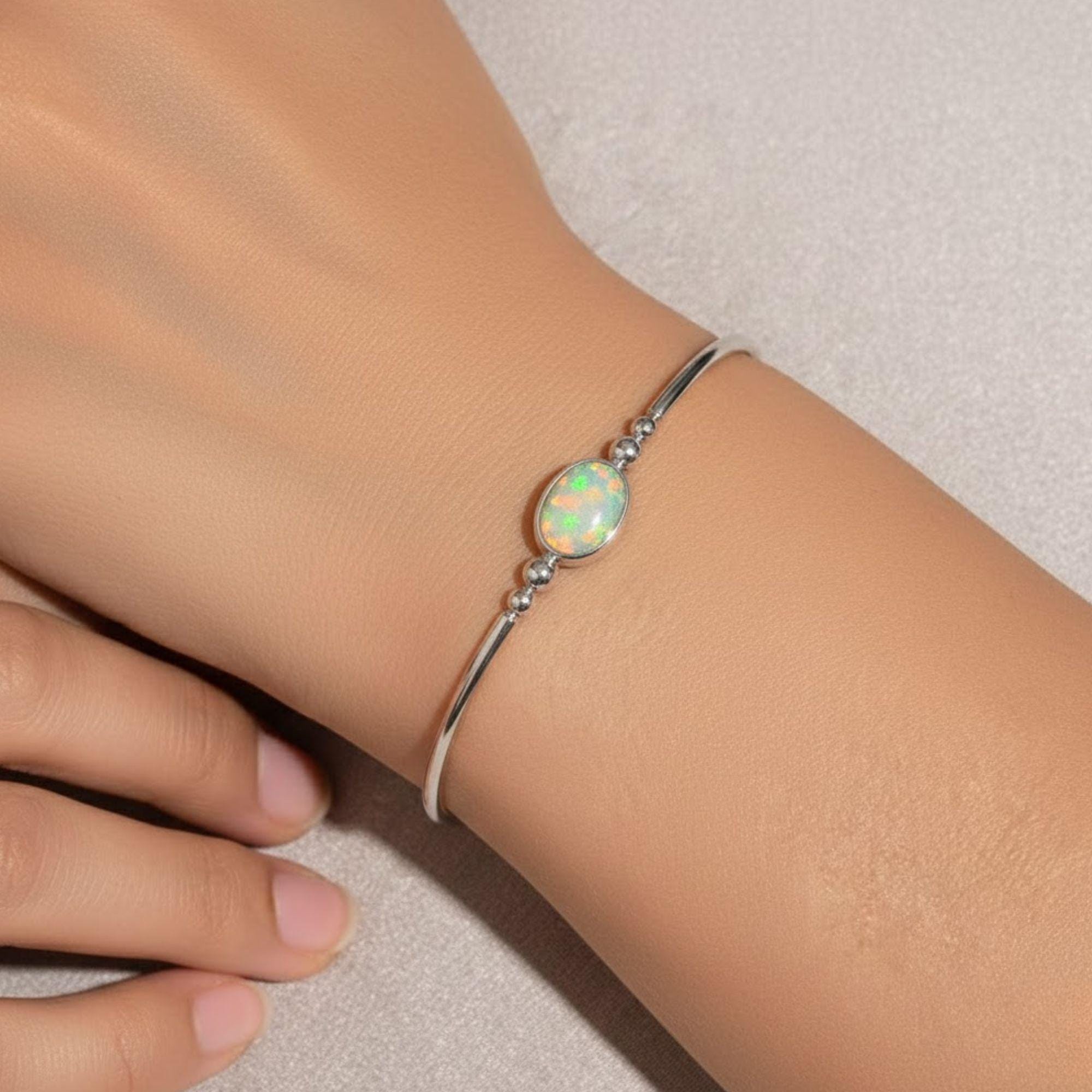 Open Cuff Opal Diamond Bangle Bracelet, 14K Gold