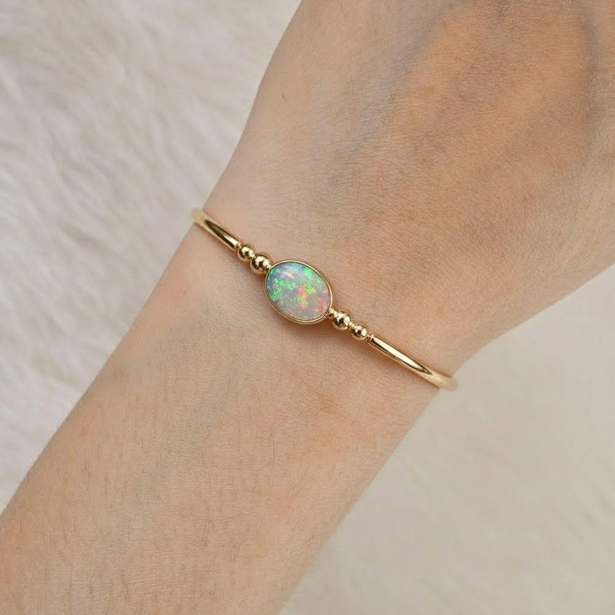 Open Cuff Opal Diamond Bangle Bracelet, 14K Gold