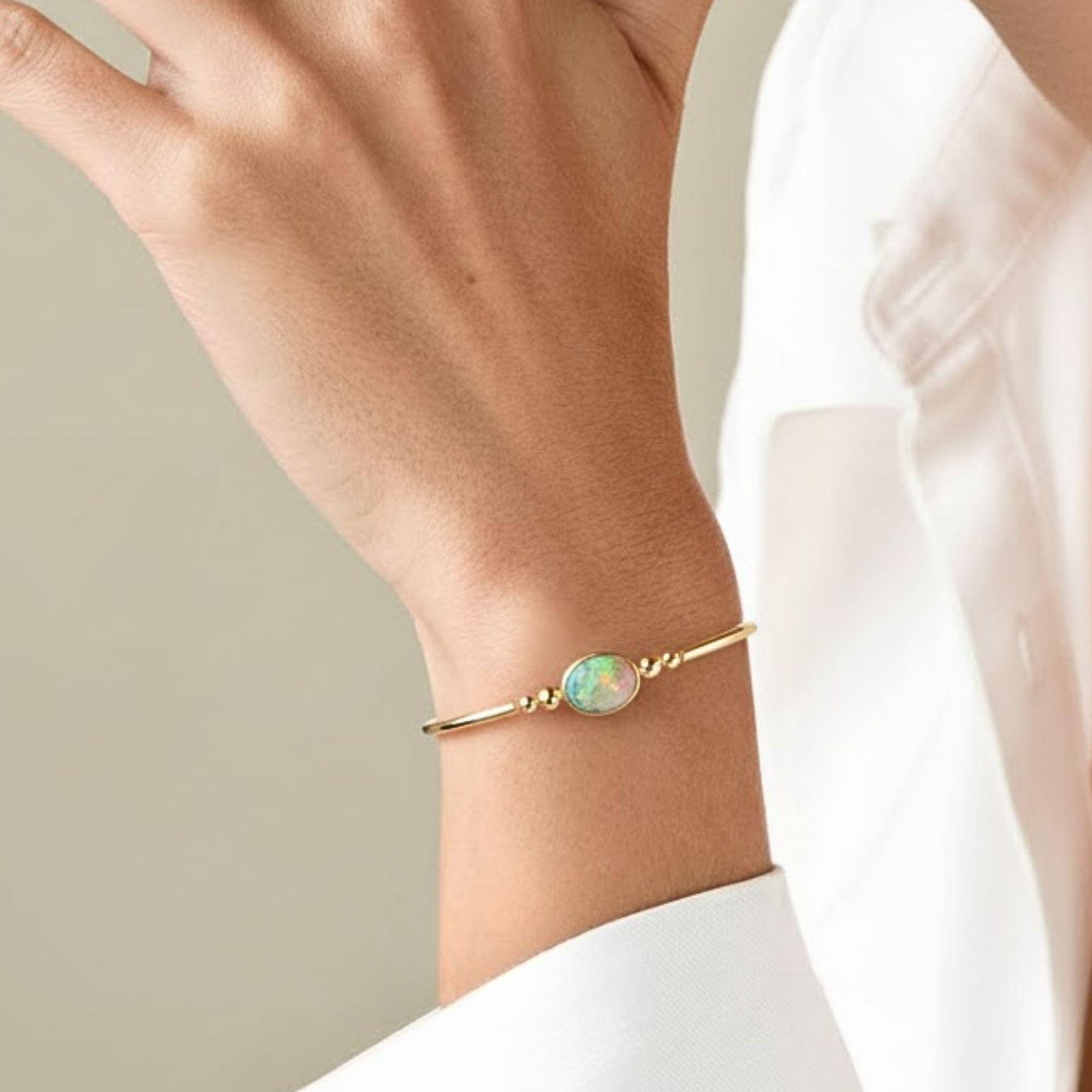 Open Cuff Opal Diamond Bangle Bracelet, 14K Gold