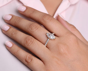 Marquise Lab Diamond Ring Silver Pave Engagement Ring