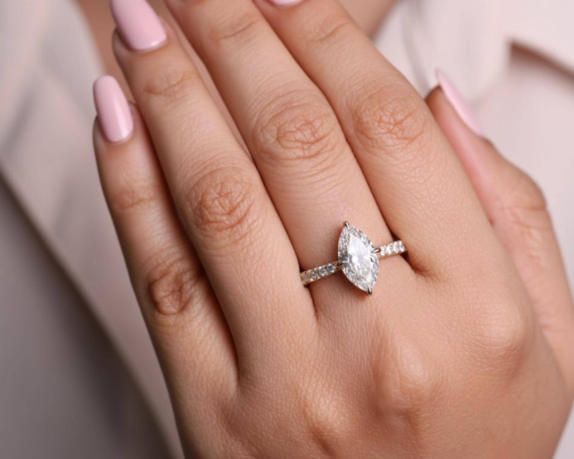 Marquise Lab Diamond Ring Silver Pave Engagement Ring